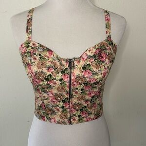 Fiore Floral Zip-Front Bustier Crop Top in Pink and Cream